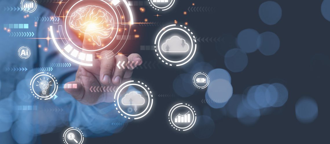 Businessman touching brain icon with cloud computing online network connection, digital background. Connecting to big data analytics, and internet network, digital technology to the future concept.